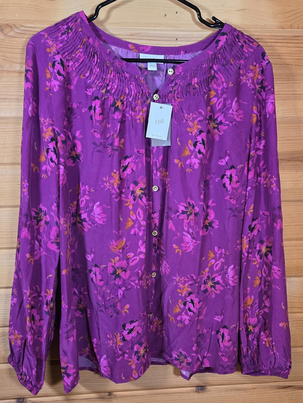 NWT J. Jill Button Up Blouse Purple Floral Long Sleeve Women's Large Office Work